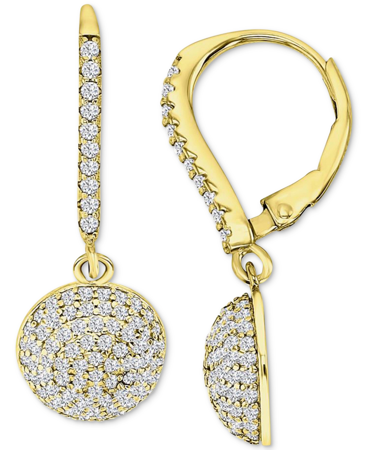 Macy's Cubic Zirconia Pave Dome Leverback Drop Earrings In 14k Gold-plated Sterling Silver