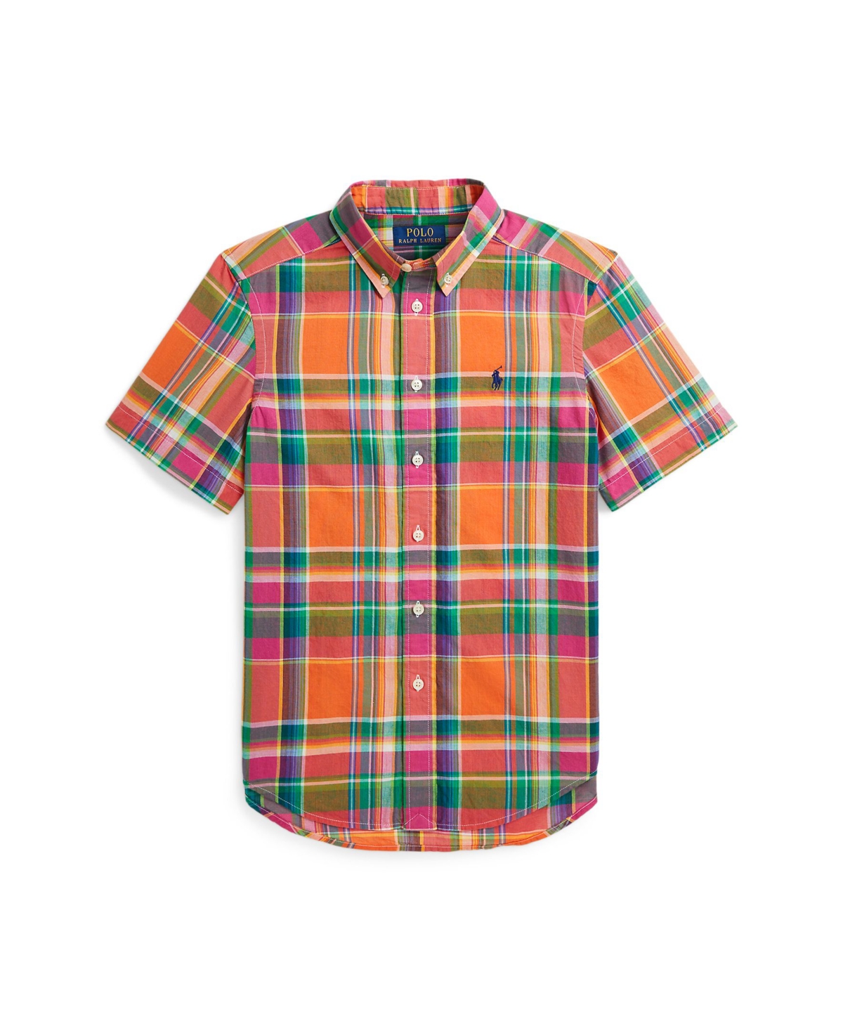 Polo Ralph Lauren Kids' Big Boys Cotton Madras Short-sleeve Shirt In Orange,pink Multi