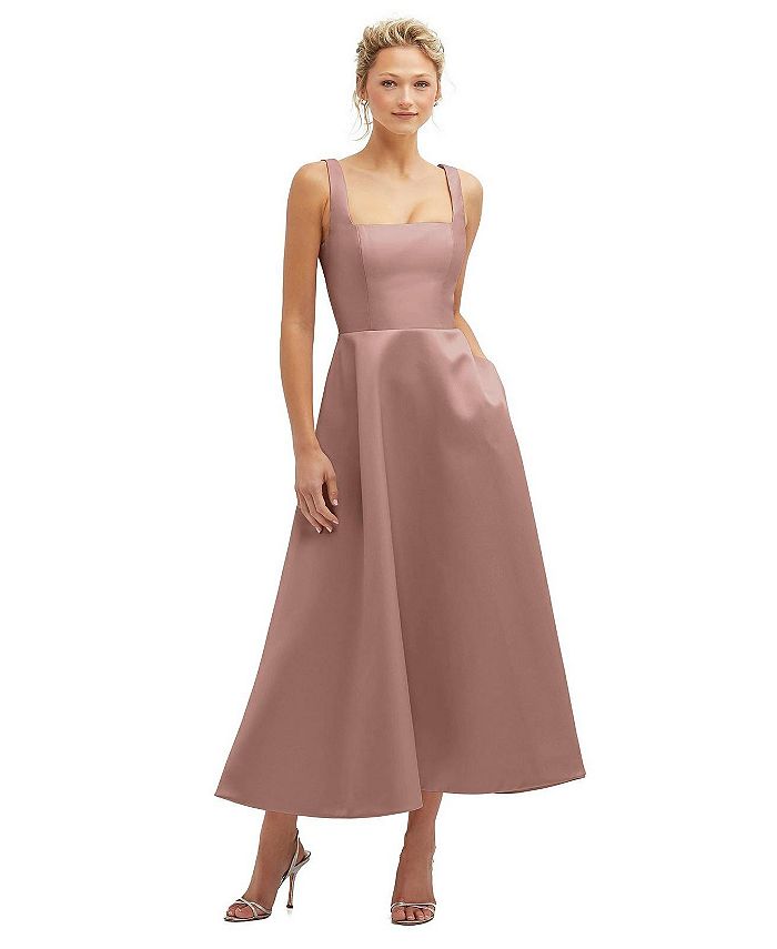 Dessy Collection Square Neck Satin Midi Dress with Full Skirt