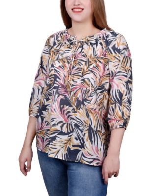 Petite 3/4 Sleeve Drawstring Neck Blouse Top