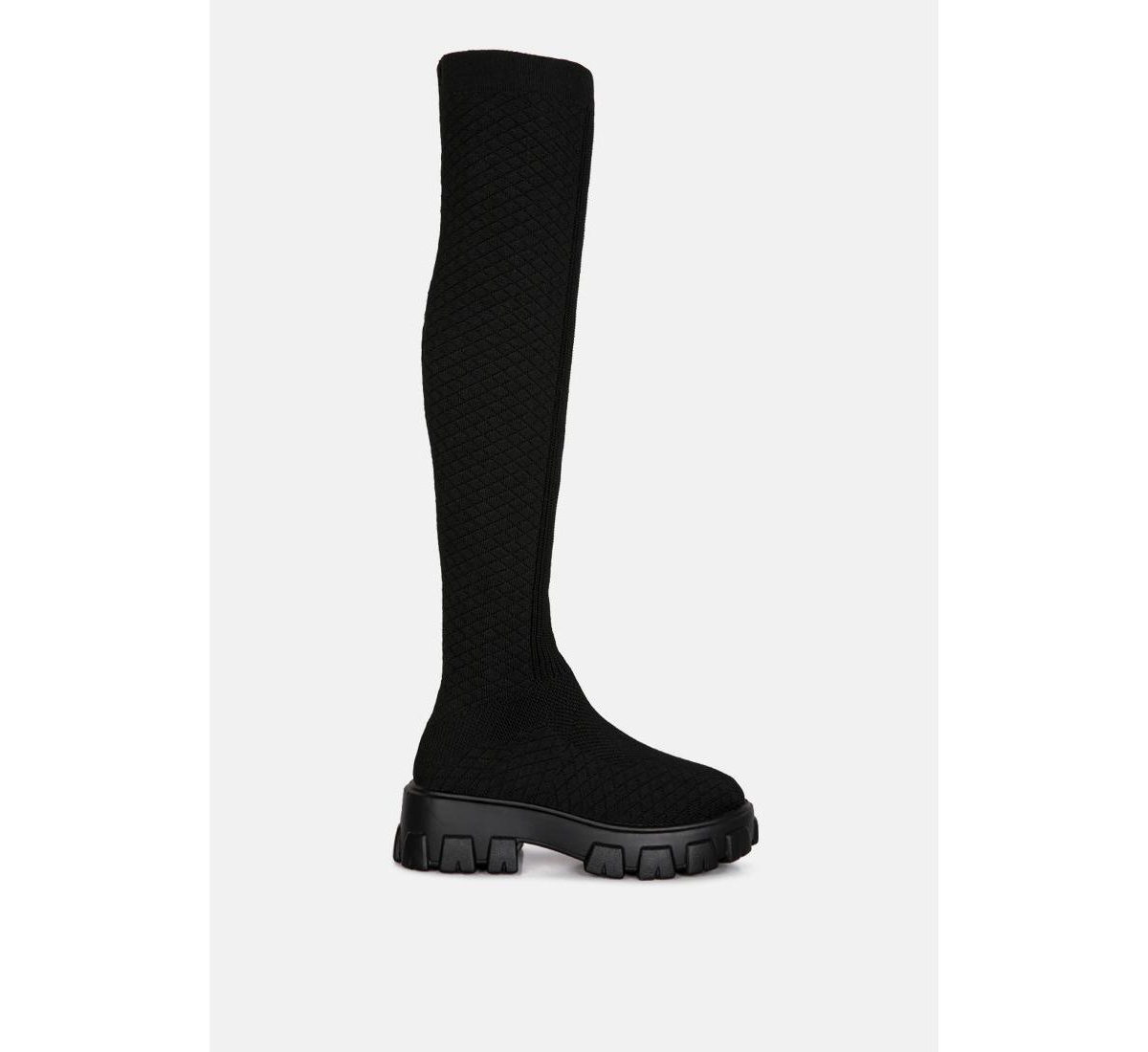 London Rag Loro Stretch Knit Knee High Boots In Black