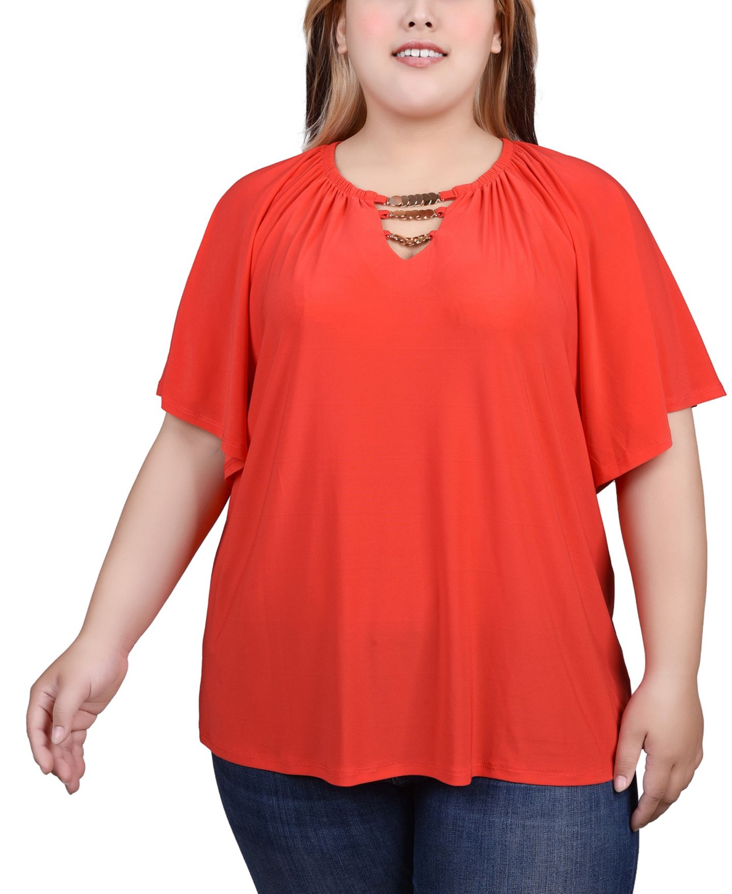 Женский топ NY Collection Plus Size Raglan Sleeve with Chain Details, цвет: Bittersweet — фото 1