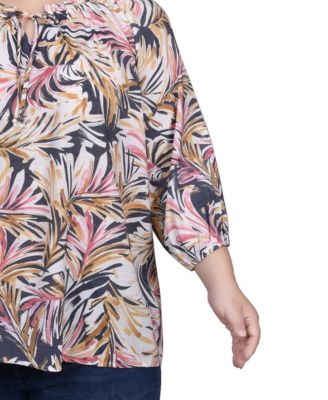 Plus Size 3/4 Sleeve Drawstring Neck Blouse