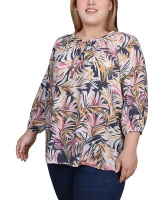 Plus Size 3/4 Sleeve Drawstring Neck Blouse