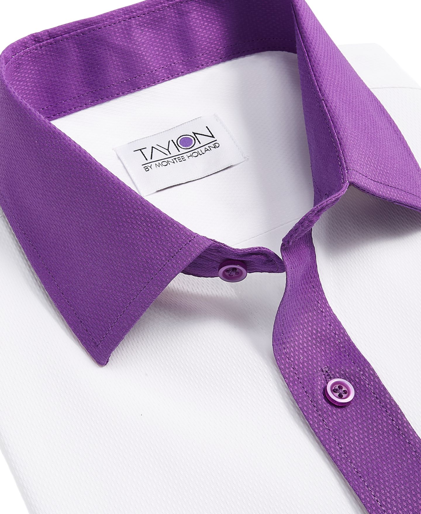 Мужская рубашка Tayion Collection Slim-Fit Purple Trim Solid Dress Shirt, цвет: Белый / Фиолетовый — фото 5