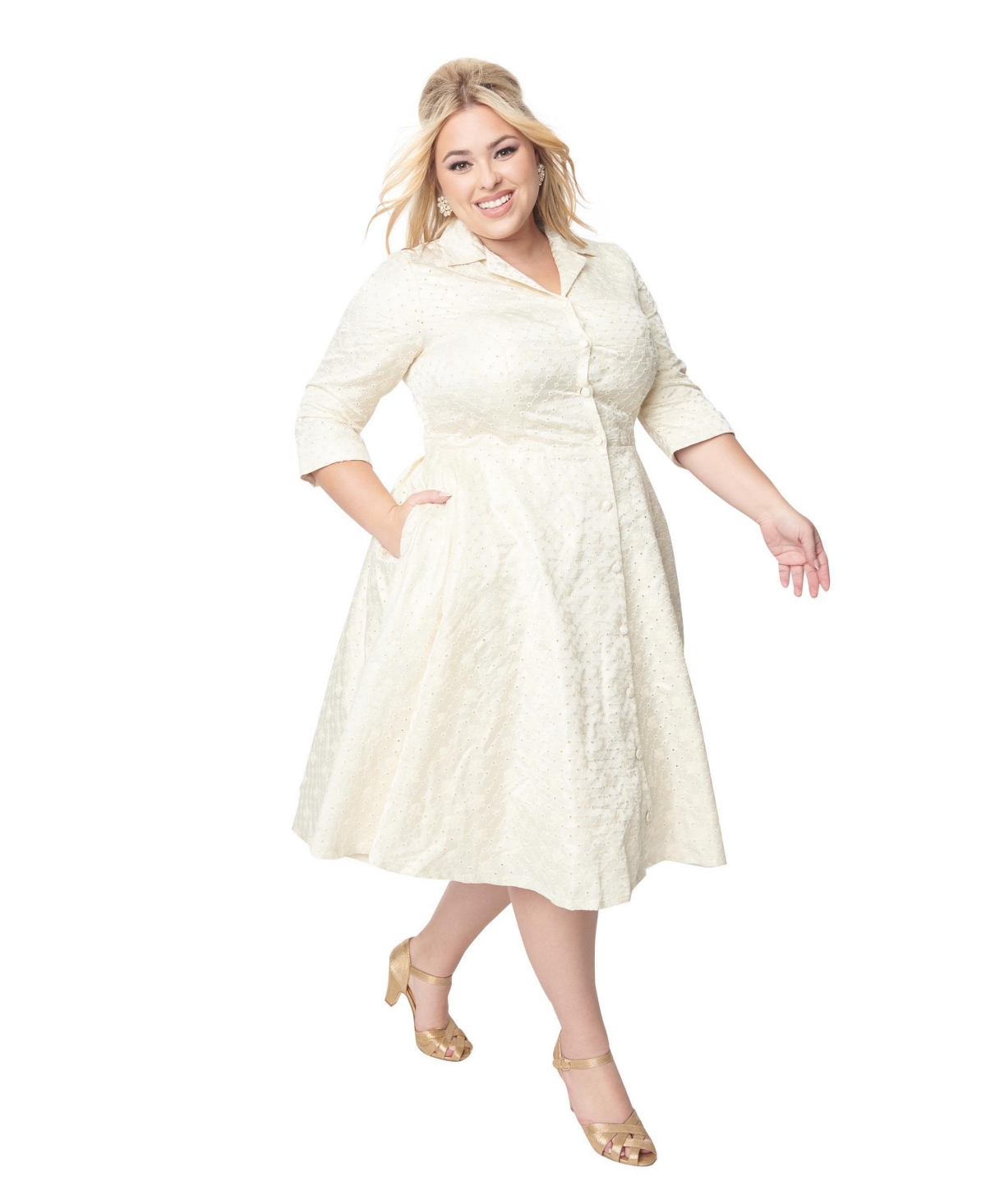 Plus Size Three Quarter Sleeve Pleated Button Front Swing Dress - Ivory/gold brocade