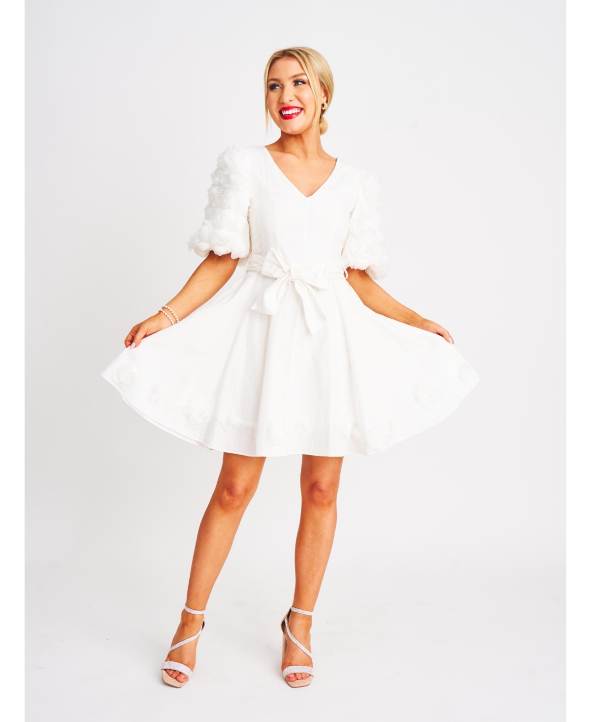 Women's Puff Sleeve Mini Navy James Dress - White