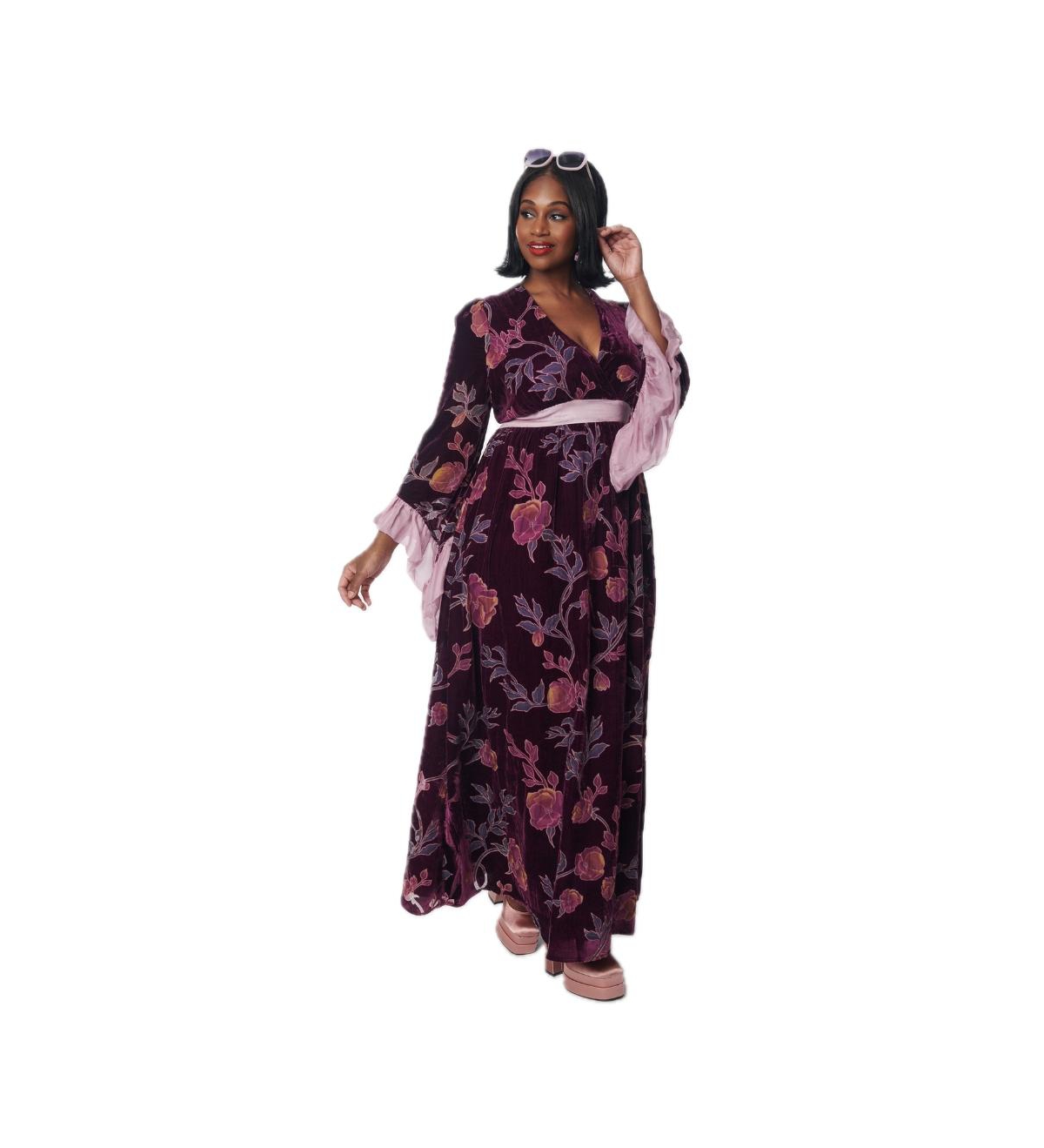 Plus Size Long Sleeve Empire Waist Maxi Dress - Purple floral burnout