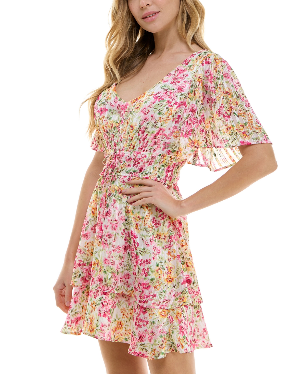 Shop City Studios Juniors' Floral-print Tiered Fit & Flare Dress In White,fush