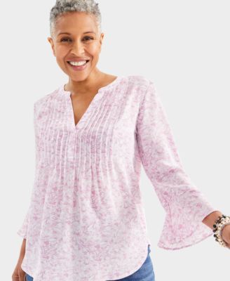 Women's Printed Pintuck Ruffle-Sleeve Top