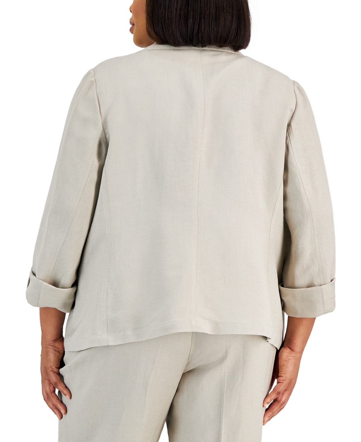 Shop Kasper Plus Size Linen-blend Open-front Roll-tab 3/4-sleeve Blazer In Summer Straw