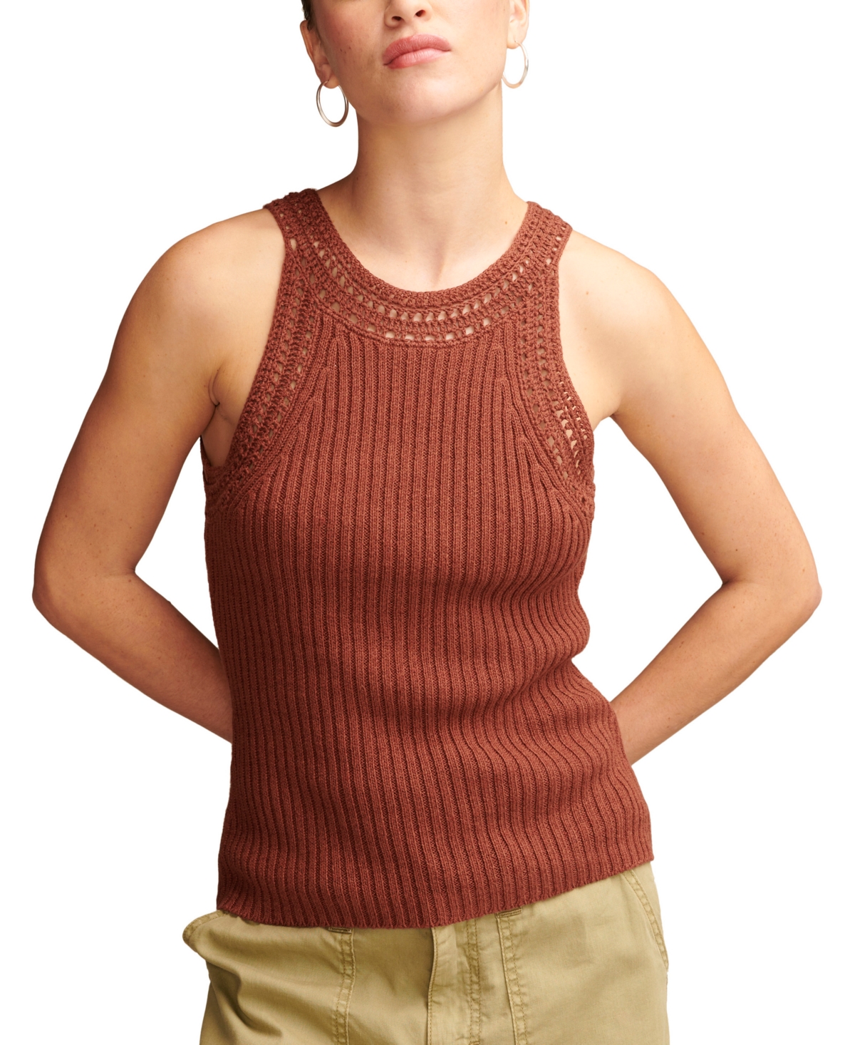 Shop Lucky Brand Women's Crochet-trim Sweater-knit Tank In Cinnamon