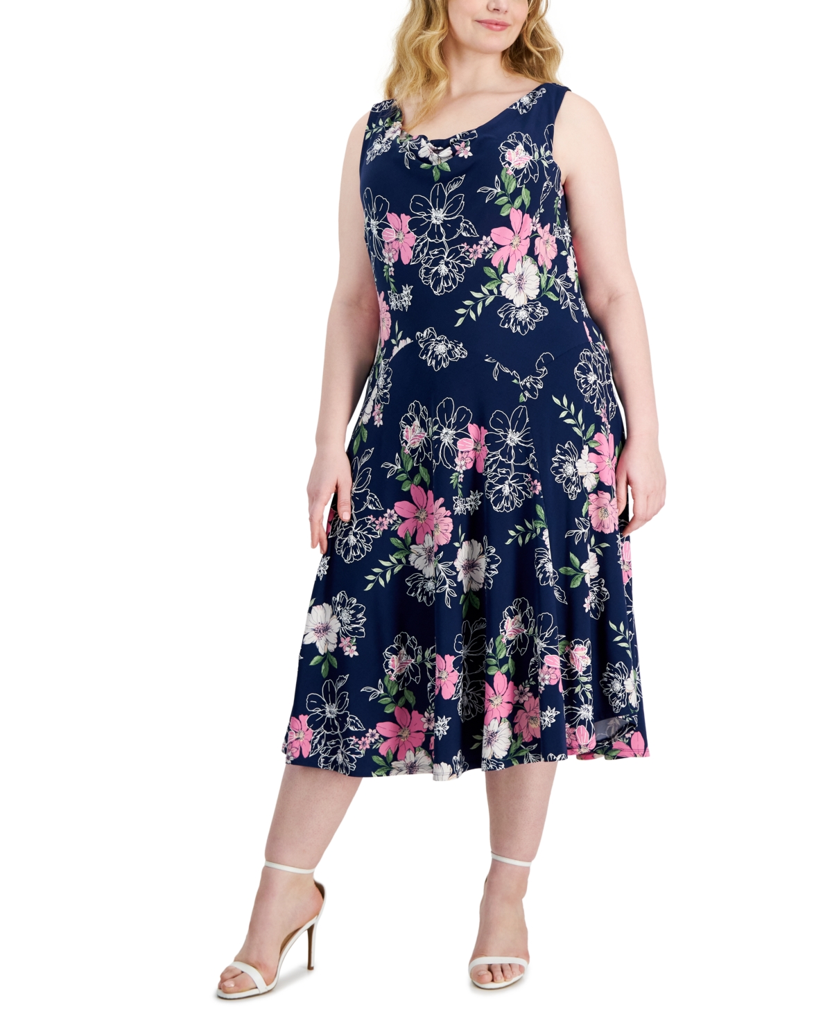 Robbie Bee Plus Size Floral-print Cowl-neck Dress In Navy,blush