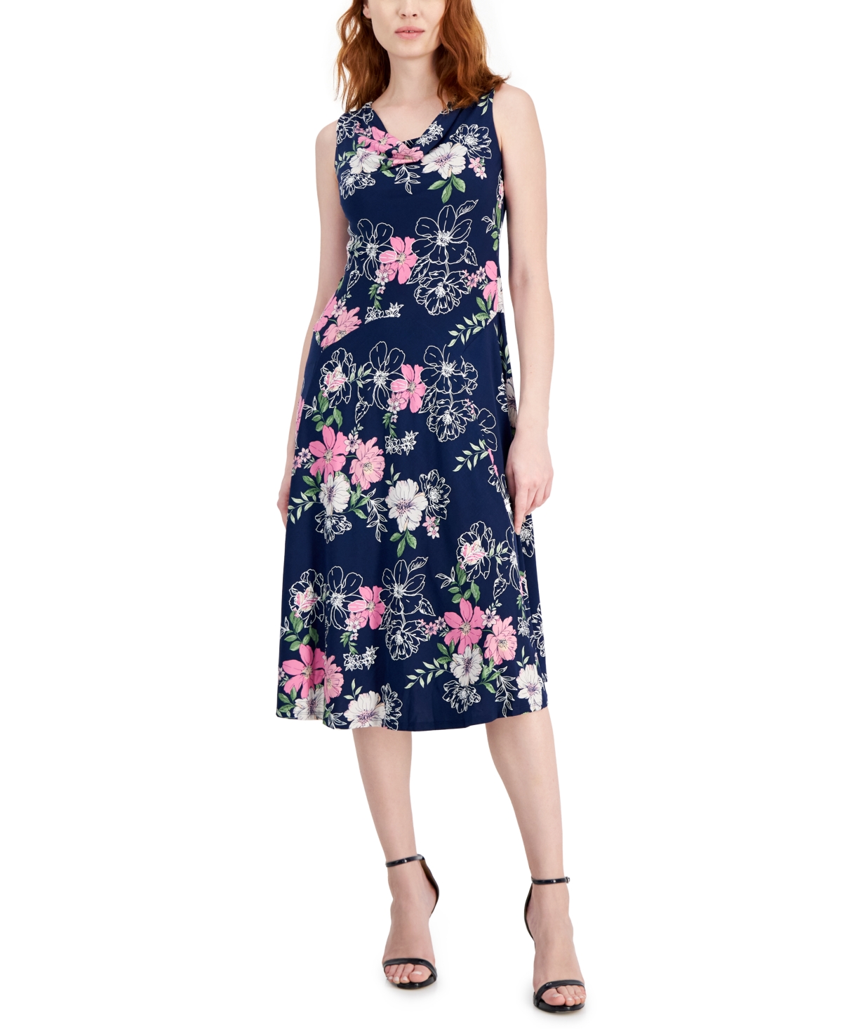 Petite Floral-Print A-Line Midi Dress - Navy/blush
