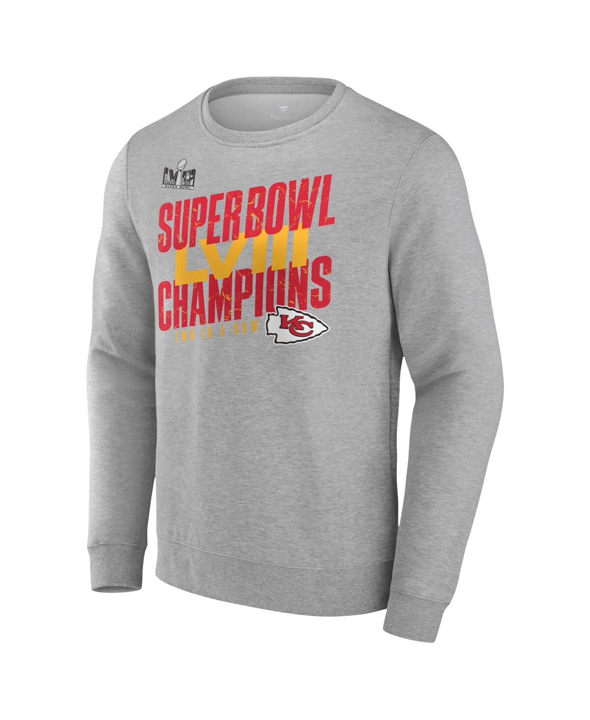 Men's FanaticsKansas City Chiefs Super Bowl Lviii Champions Iconic Victory Crewneck Pullover - Heather Gray