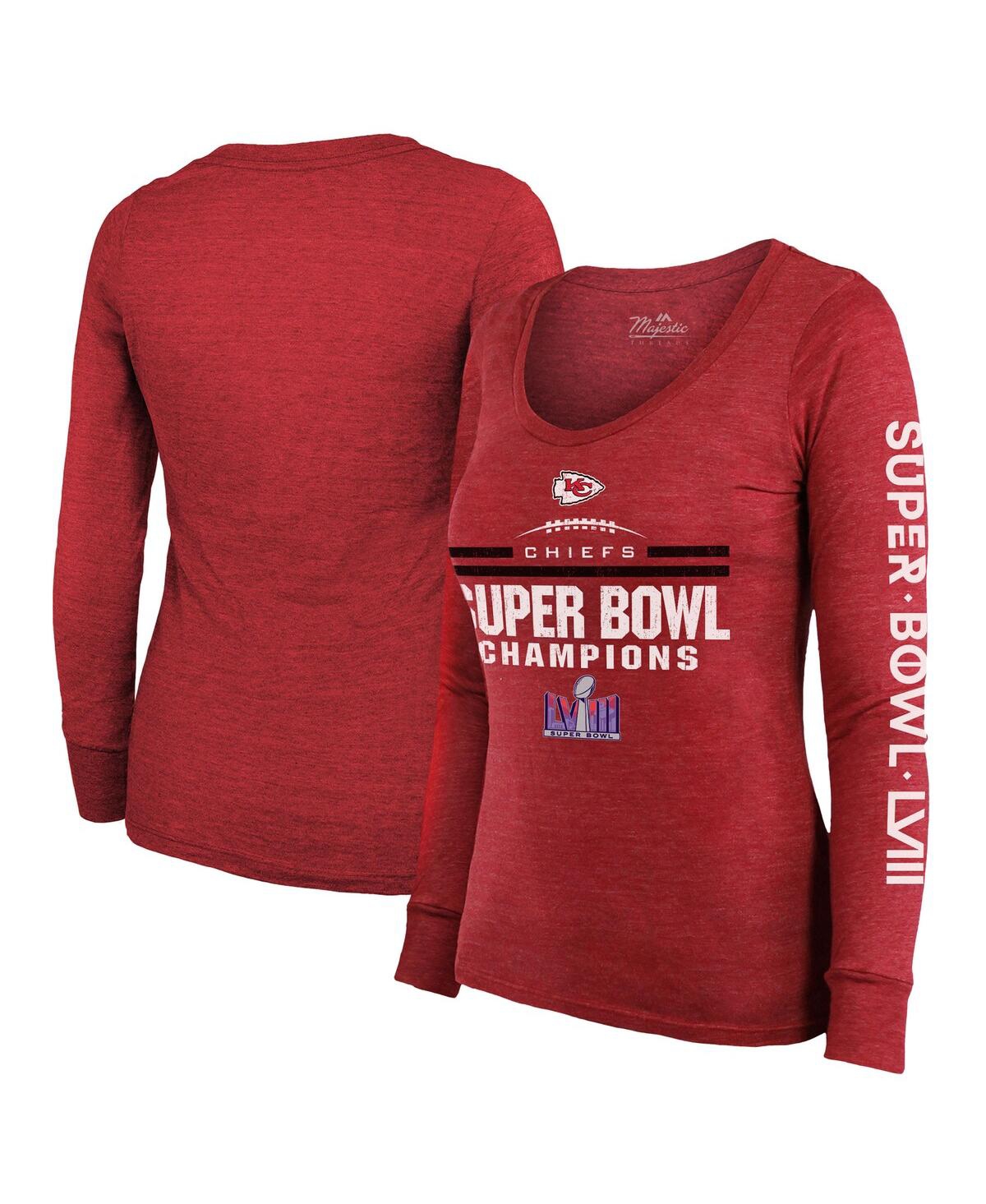 Women's Majestic Red Kansas City Chiefs Super Bowl Lviii Champions Goal Line Stand Scoop Neck Tri-Blend Long Sleeve T-shirt - Red
