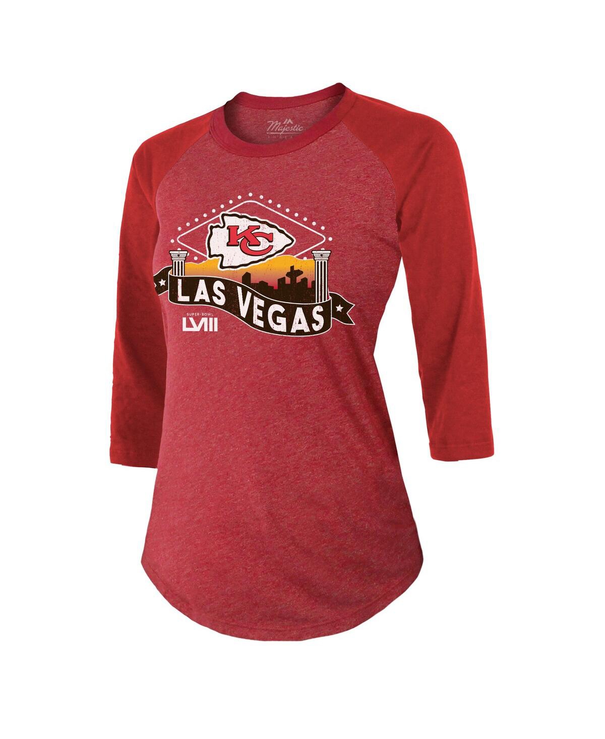 Shop Majestic Women's  Threads Red Kansas City Chiefs Super Bowl Lviii Vegas Raglan 3/4-sleeve Tri-blend T