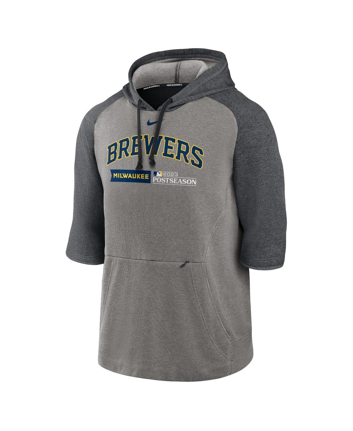 Men's Nike Heather Charcoal Milwaukee Brewers 2023 Postseason Authentic Collection Flux Performance 3/4-Sleeve Pullover Hoodie - Heather