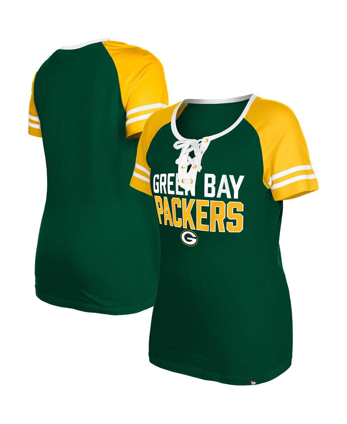 Women's New Era Green Green Bay Packers Raglan Lace-Up T-shirt - Green