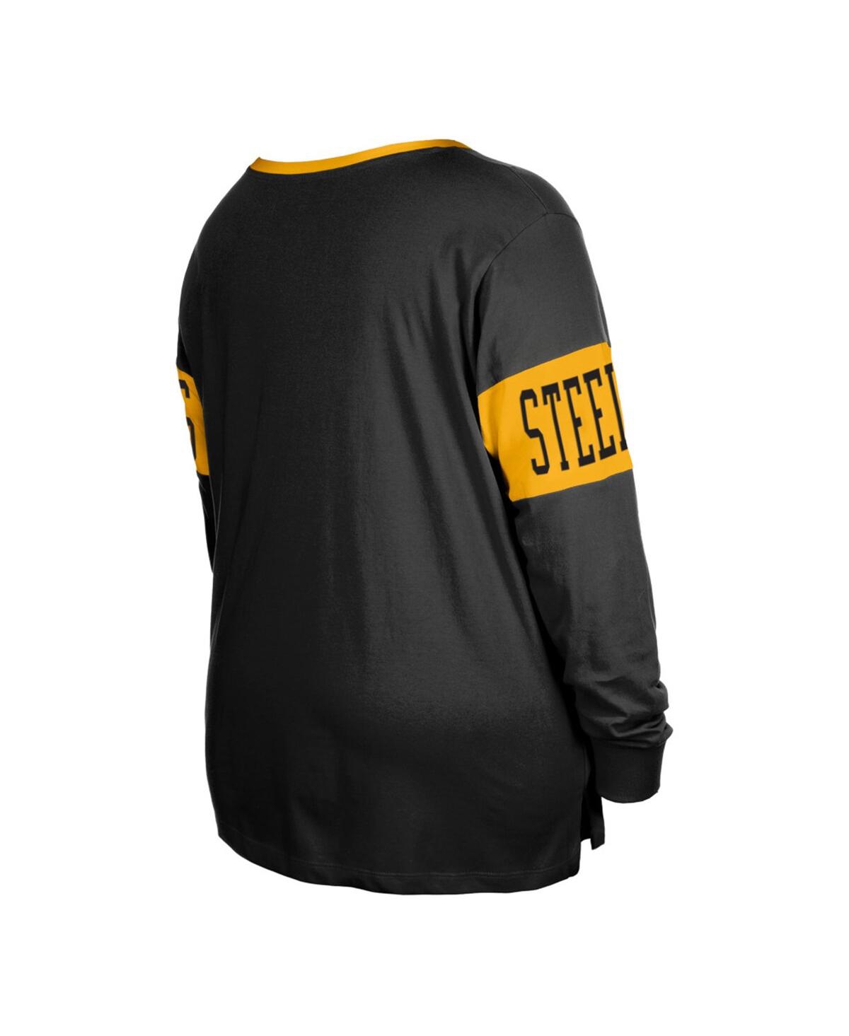 Shop New Era Women's  Black Pittsburgh Steelers Plus Size Lace-up Notch Neck Long Sleeve T-shirt