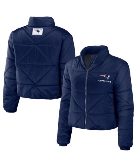 Женские куртки WEAR by Erin Andrews Women's Navy New England Patriots Cropped Puffer Full-Zip Jacket