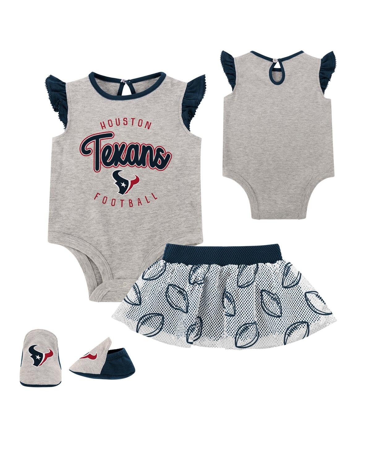 OUTERSTUFF NEWBORN HEATHER GRAY, NAVY HOUSTON TEXANS ALL DOLLED UP THREE-PIECE BODYSUIT, SKIRT AND BOOTIES SET