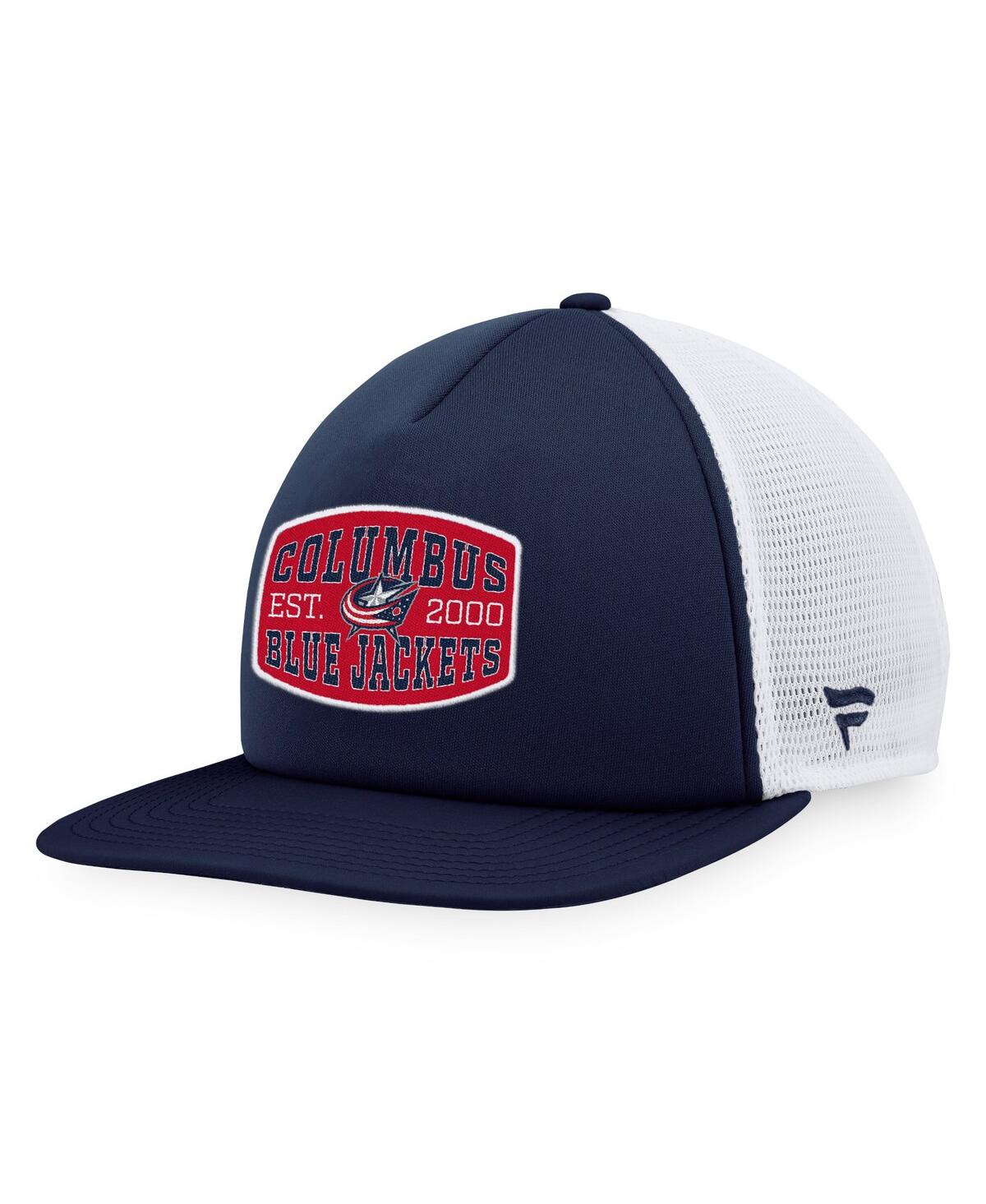 Fanatics Branded Navy/white Columbus Blue Jackets Foam Front Patch Trucker Snapback Hat In Navy,white