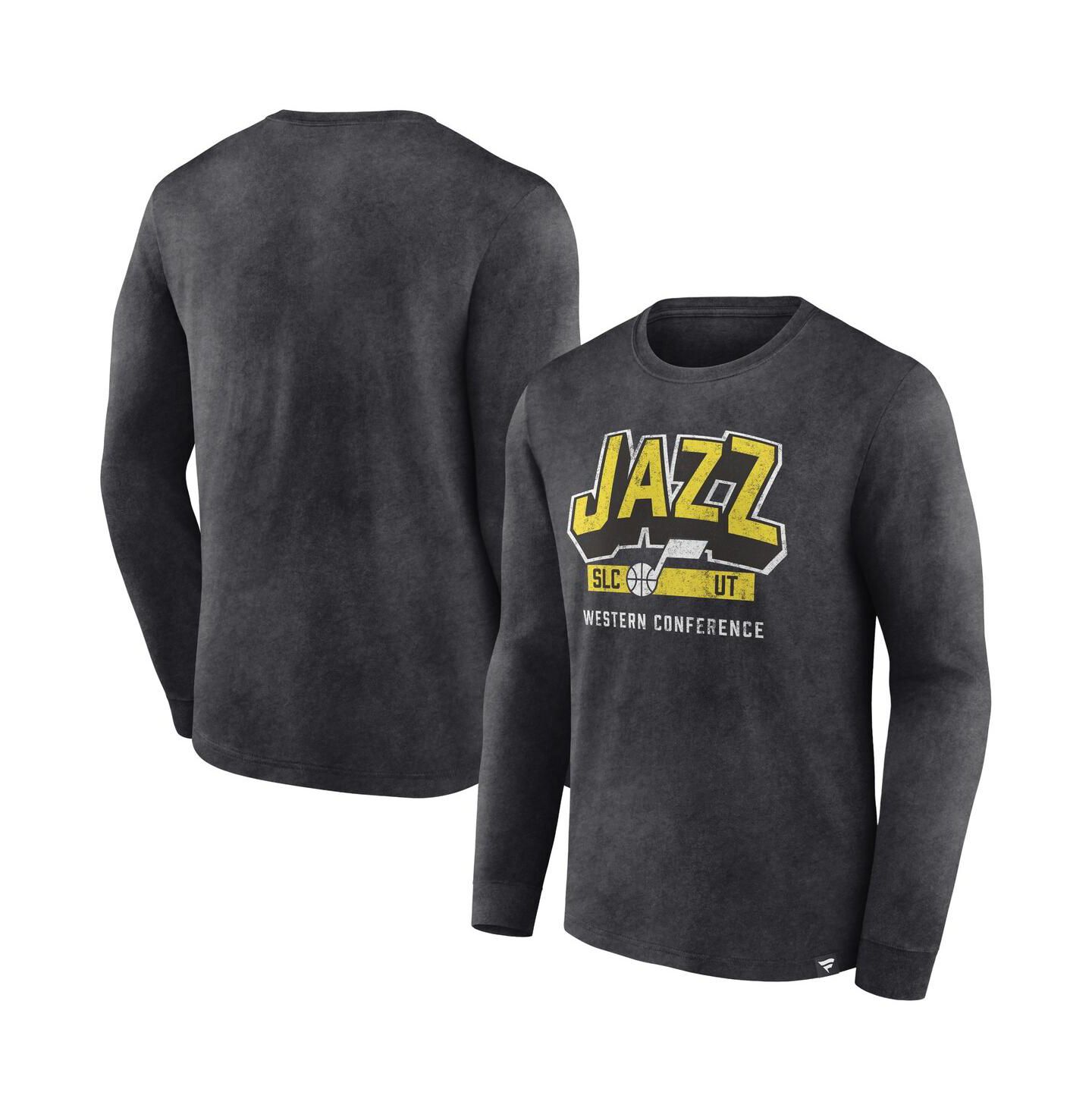 Мужская футболка Fanatics Heather Charcoal Distressed Utah Jazz Front Court Press Snow Wash Long Sleeve — фото 1