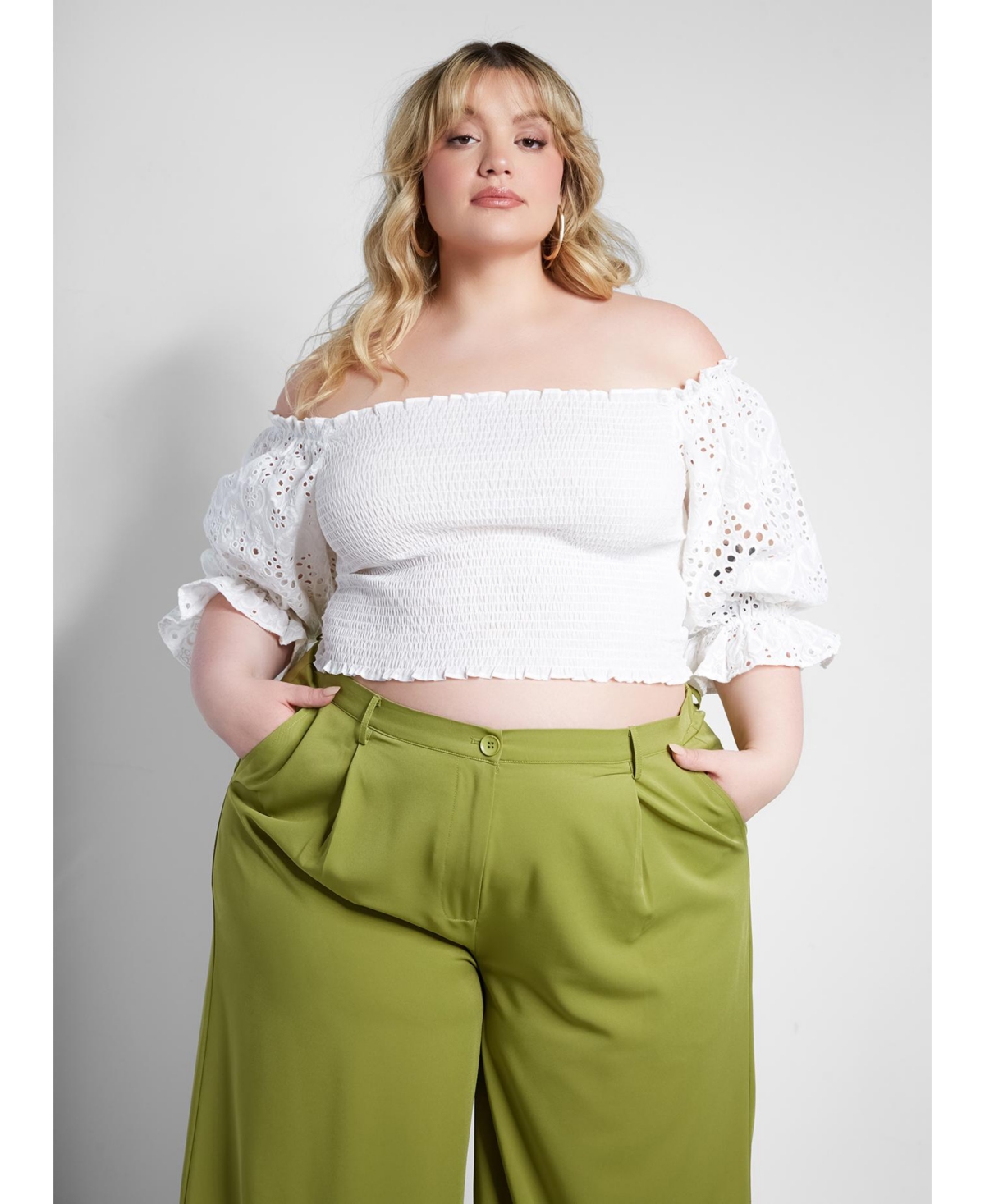 Women's Plus Size Smocked Peasant Top - White