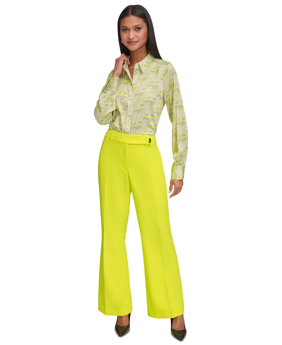 Shop Karl Lagerfeld Women's Printed Roll-cuff Button-front Shirt In Chartreuse Multi