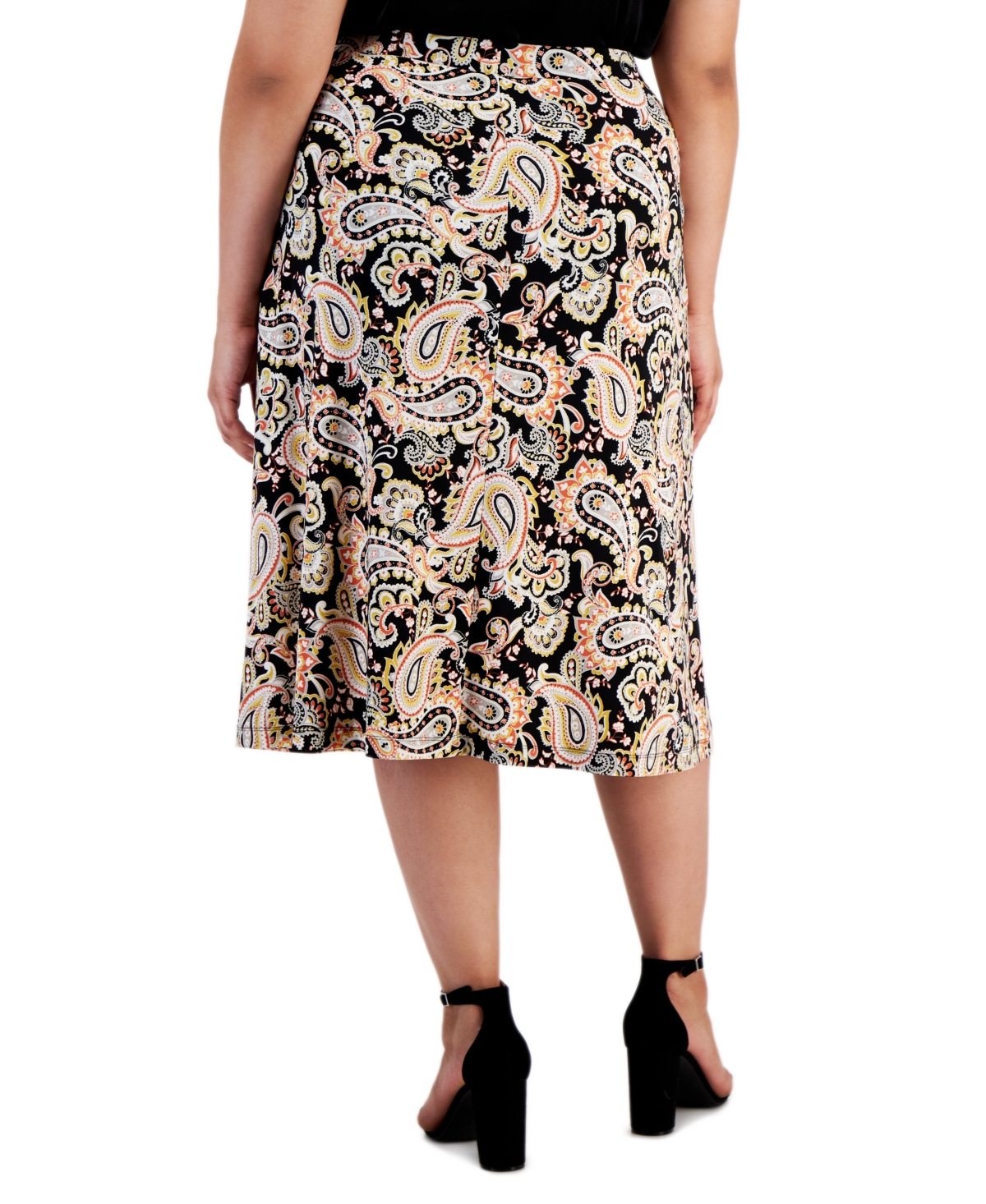 Shop Kasper Plus Size Paisley-print Pull-on Midi Skirt In Black,butterscotch