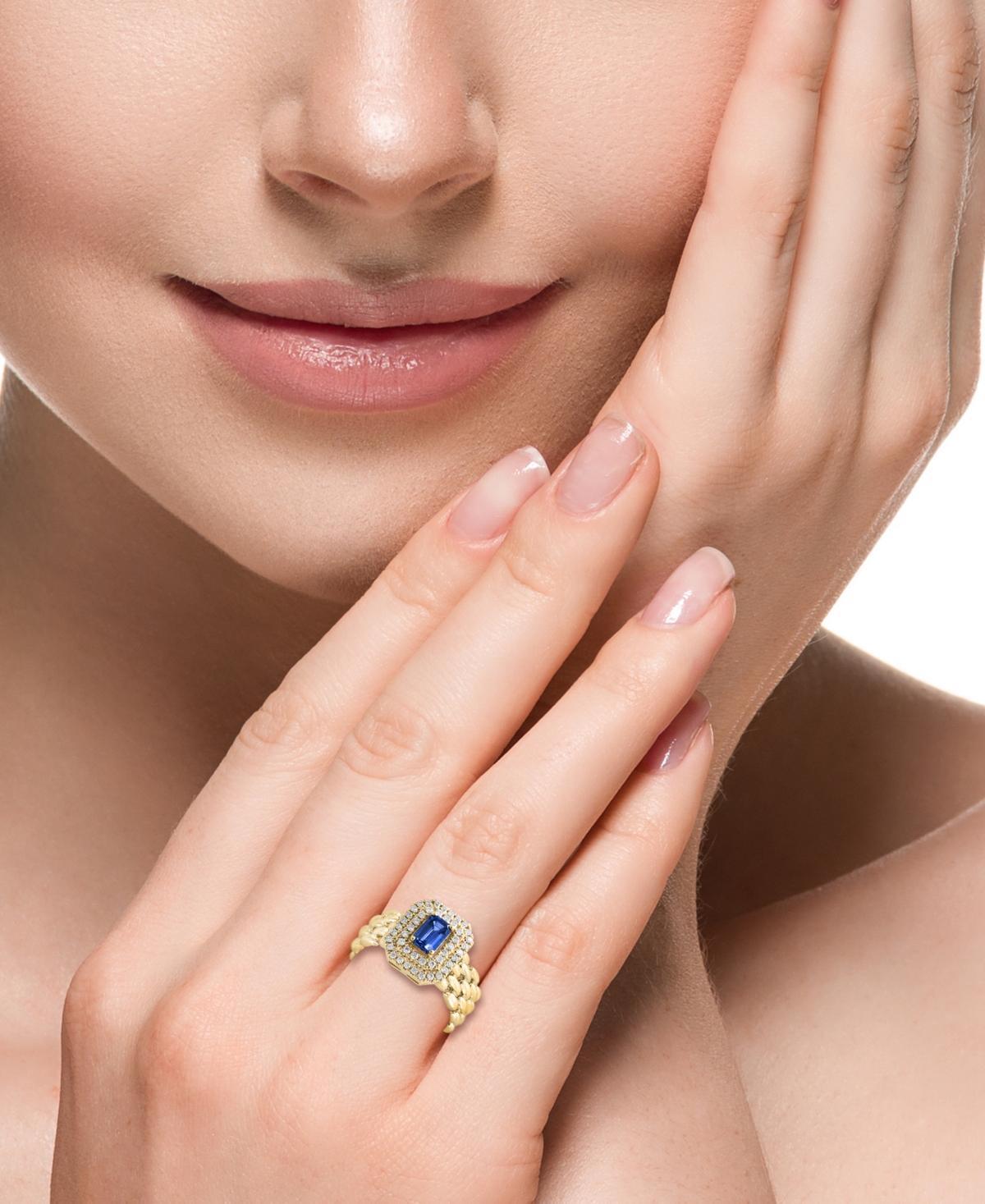 Shop Effy Collection Sapphire (1-1/2 Ct. T.w.) & Diamond (5/8 Ct. T.w.) Double Halo Statement Ring In 14k Gold In Yellow Gol