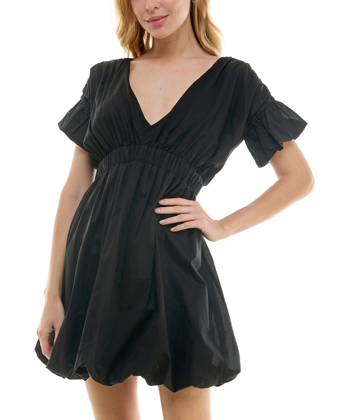 Juniors' V-Neck Shirred-Sleeve Fit & Flare Dress - Black
