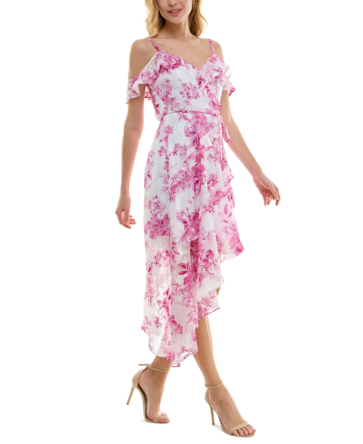 Shop Bcx Juniors' Floral Jacquard Print Asymmetric Ruffled Dress In Pat F