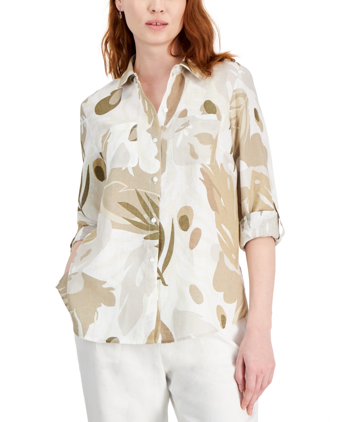 Women's 100% Linen Roll-Tab Button Shirt, Created for Macy's - Meadow Trail Combo