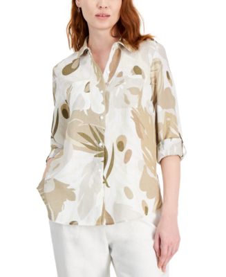 売れ筋商品|||チャータークラブ カットソー トップス レディース Women's Printed 100% Linen Roll-Tab Shirt, Exclusively at Macy's Bright White 25162890_fpx.tif?$filterlrg$&