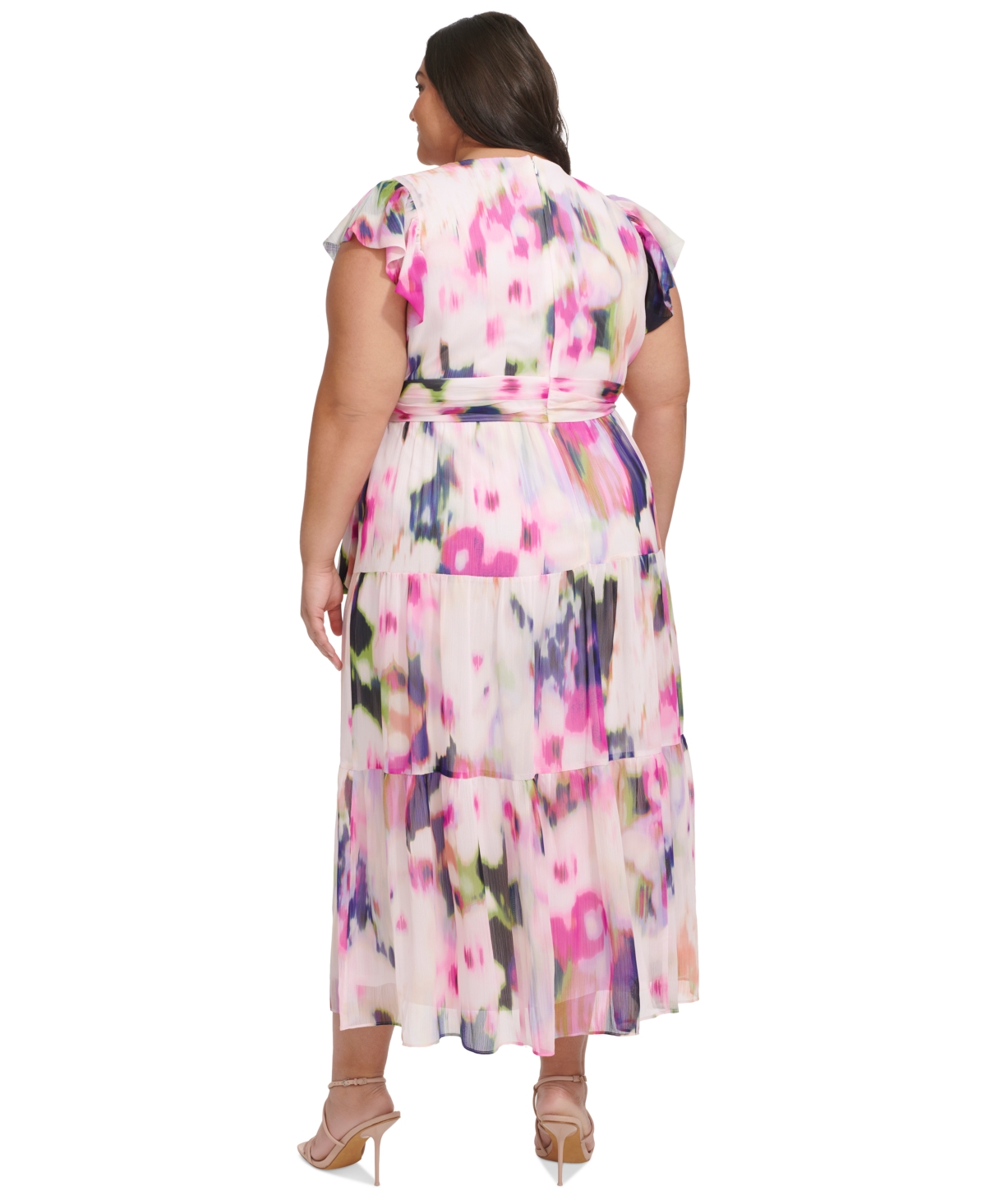 Shop Dkny Plus Size Printed Flutter-sleeve Chiffon Maxi Dress In Navy Multi