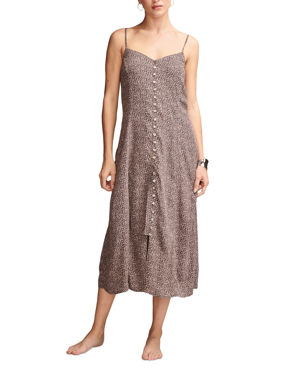 Lucky Brand Women's Printed Button-front Midi Slip Dress In Brown