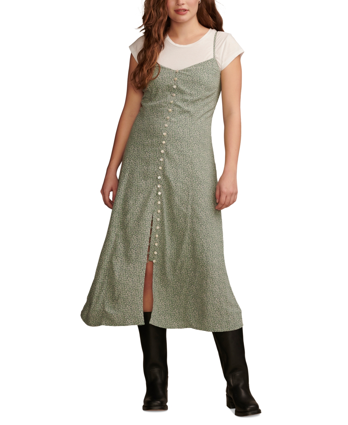 Lucky Brand Women's Printed Button-front Midi Slip Dress In Green Bay Multi