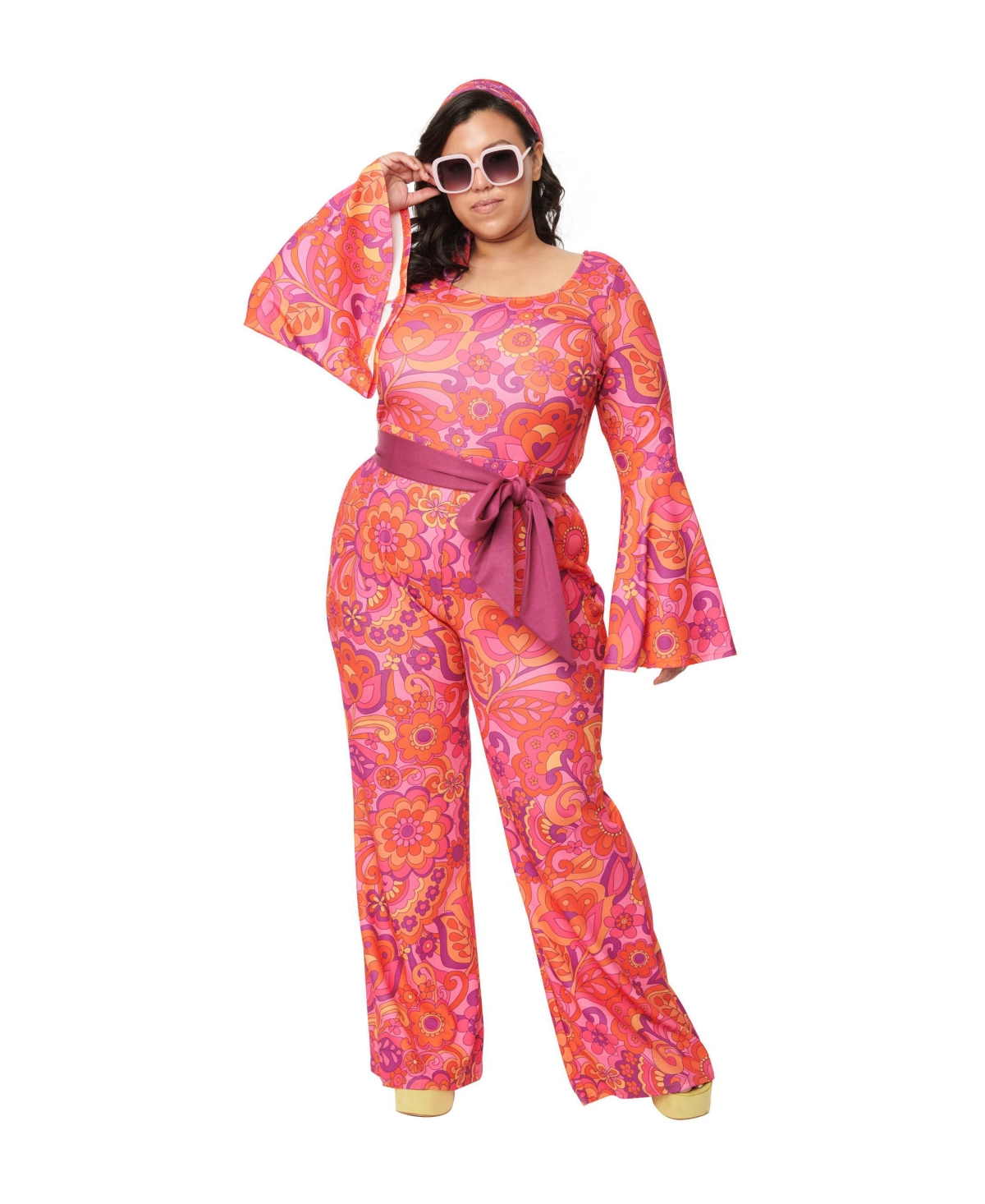 Plus Size Knit Bell Sleeve Sashed Jumpsuit - Pink mod floral