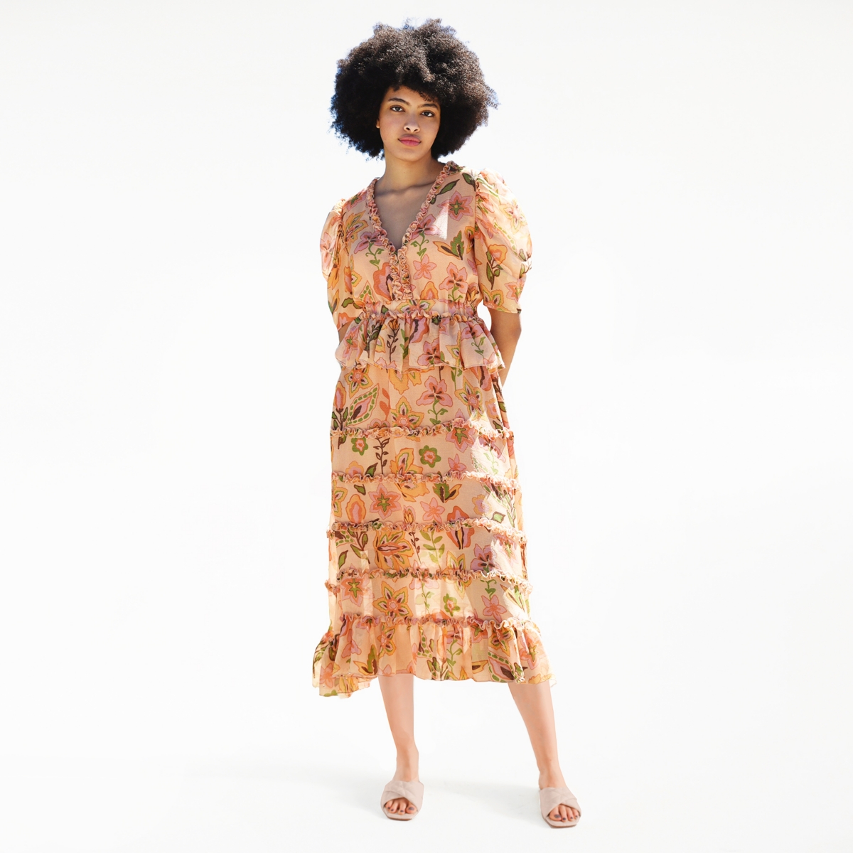 Jessie Zhao New York Gold Garden Metallic Midi Dress - pink, green