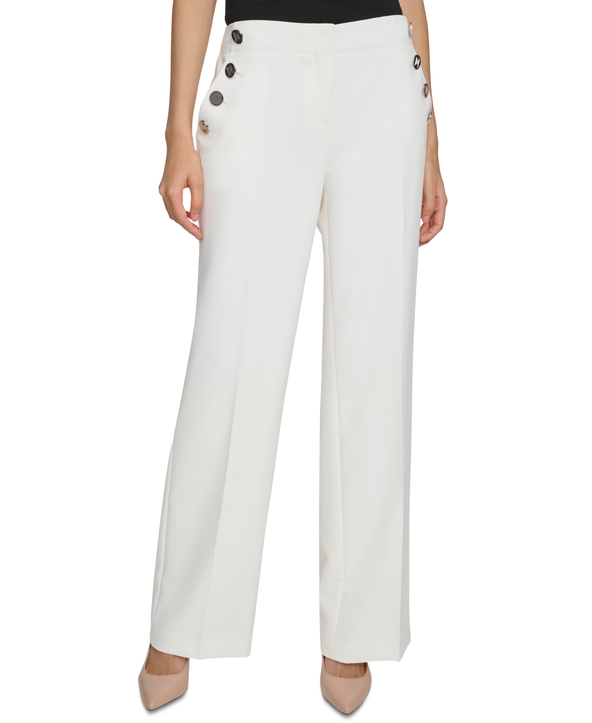 Shop Karl Lagerfeld Women's Button-pocket Wide-leg Sailor Pants In Soft White