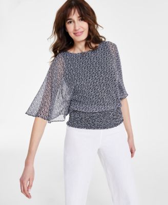 Women's Round-Neck 3/4-Sleeve Smocked-Waist Blouse
