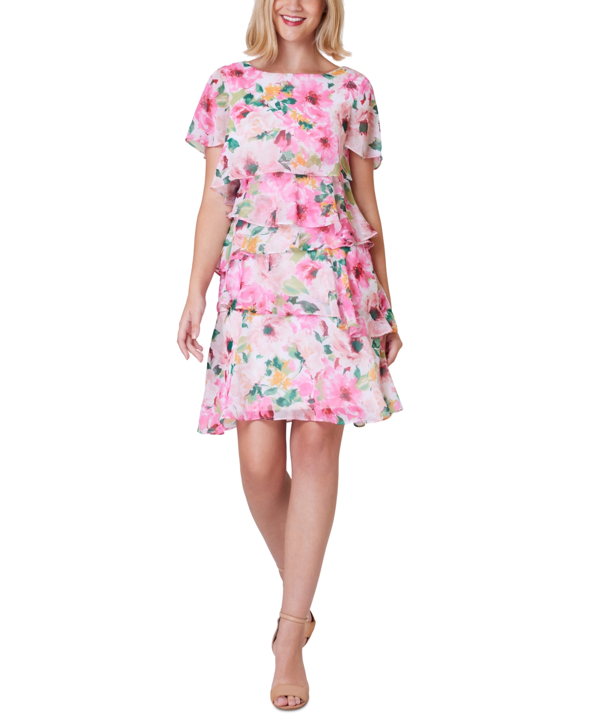 Jessica Howard Petite Floral-print Tiered Dress In Pink Multi