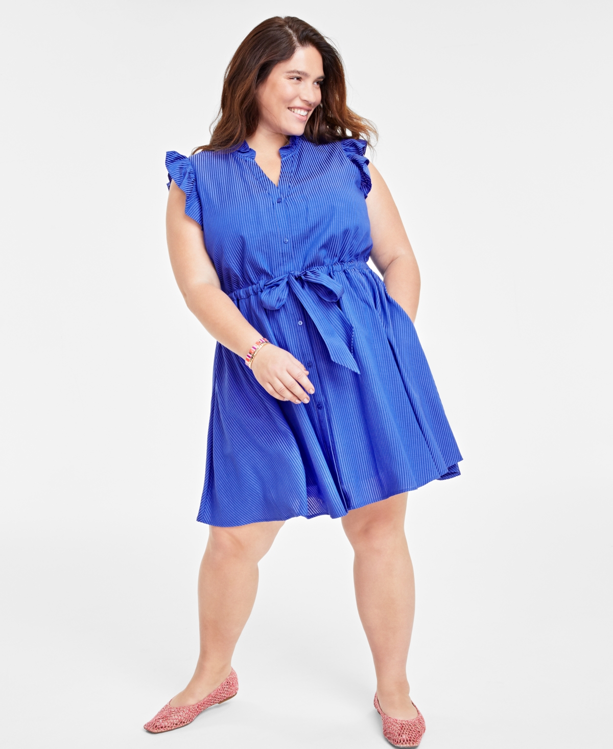 On 34th Trendy Plus Size Flutter-sleeve Shirtdress, Created For Macy's In Cobalt Glaze
