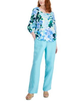 Shop Charter Club Womens Printed Square Neck Linen Top Matching Drawstring Waist Linen Pants Created For Macys In Light Pool Blue Combo