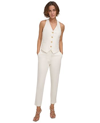 DKNY Women's Solid Scrunch Sleeve Collarless Blazer White Size Small