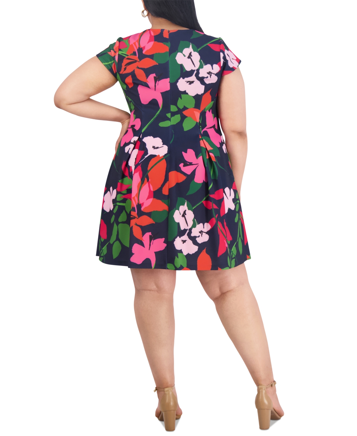 Shop Jessica Howard Plus Size Floral-print Cap-sleeve Dress In Navy Multi