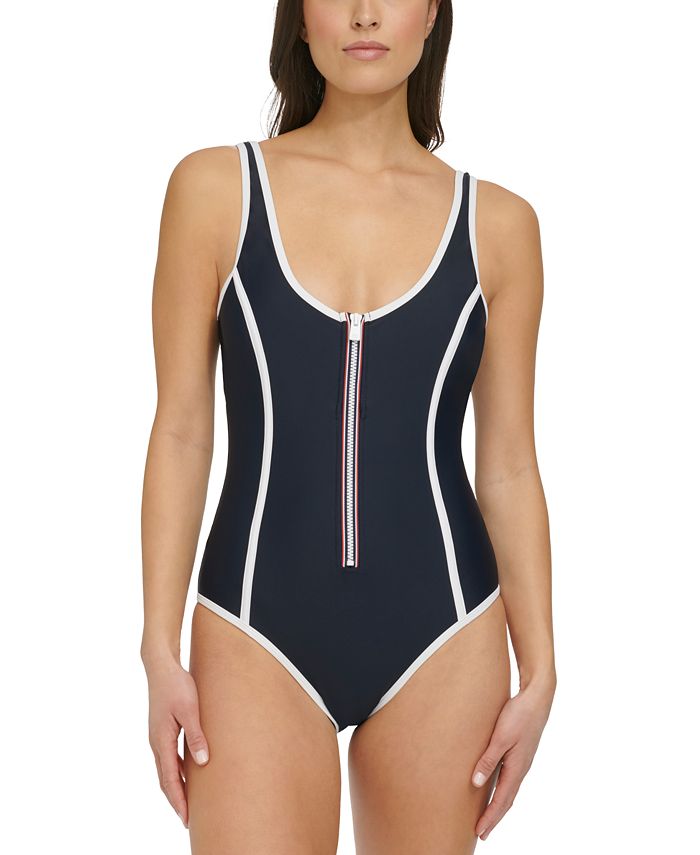 Tommy Hilfiger Women s Seamed One Piece Zip Up Swimsuit Macy s