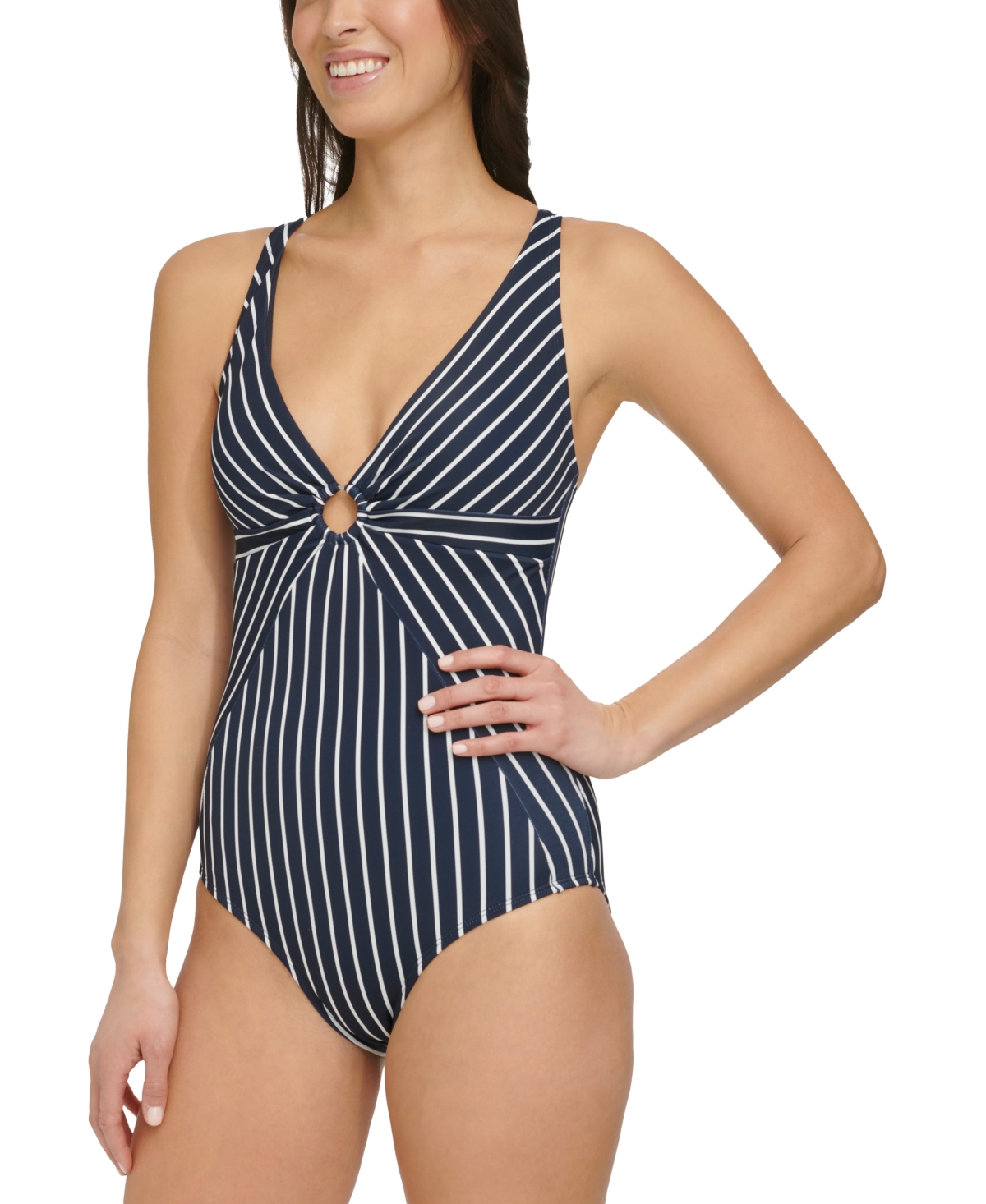 Shop Tommy Hilfiger Women's Striped O-ring One-piece Swimsuit In Sky Captain